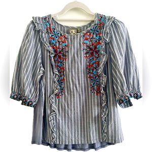 Anthropologie Striped embroidered Peasant top with floral detail